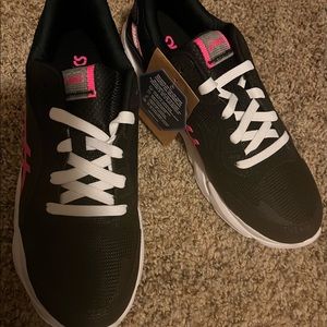 ASICS Womens Gel-miqrum black with white laces and pink stripes purple accent